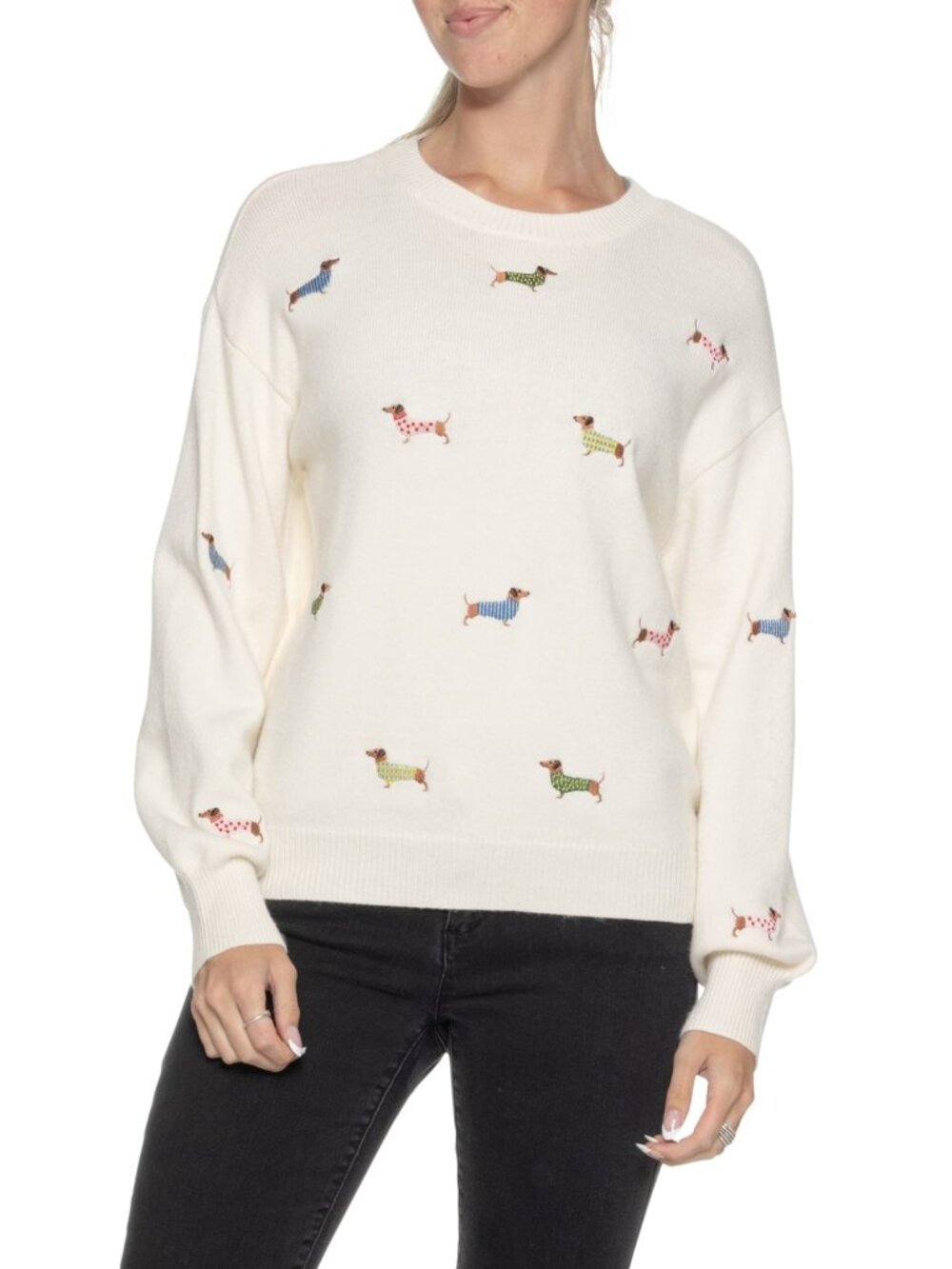 NEW Dachshund Dog Doxie Lovers Embroidered Luxe Rayon Knit Cozy Sweater - Picture 3 of 4